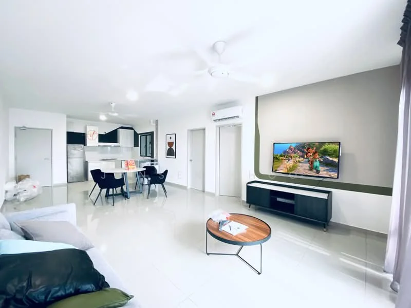 Living features: 3-seater fabric sofa in grey, coffee table with wooden top and black metal legs, wall-mounted TV, ceiling fan with light, recessed downlights, white painted walls, grey accent wall, sliding glass door, tile flooring, air conditioning unit, decorative wall art, dining table with black chairs; style: modern. Kitchen features: open-plan kitchen, stainless-steel fridge, built-in oven, 4-burner gas hob, black cabinetry, white countertops, tile backsplash; style: modern.