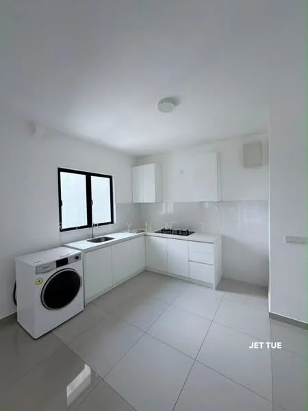 Laundry features: white cabinetry, single-bowl stainless-steel sink, built-in gas hob, white countertop, grey tile backsplash, white washing machine, grey tile flooring, recessed ceiling light, two windows with black frames; style: modern.