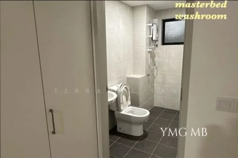Bathroom features: white tiled walls, grey tiled flooring, single-sink vanity with cabinet, one-piece toilet, bidet spray, shower with handheld showerhead, window for natural light, mirror above vanity; style: modern.
