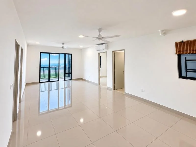 Living features: white painted walls, large beige ceramic tile flooring, recessed ceiling downlights, 2 ceiling fans, wall-mounted split air conditioner, sliding glass door, black-framed glass door, black-framed window, brown roller blind, open-plan living area, bare unfurnished room, balcony view, metal balcony railing; style: modern; view: city.