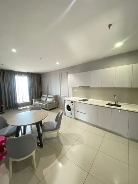 Kitchen features: white cabinetry, stainless-steel sink, chrome pull-down faucet, white countertop, built-in washing machine, ceramic tile flooring, recessed downlights, open-plan layout, dining table with chairs, floor-to-ceiling windows with sheer curtains; style: modern.