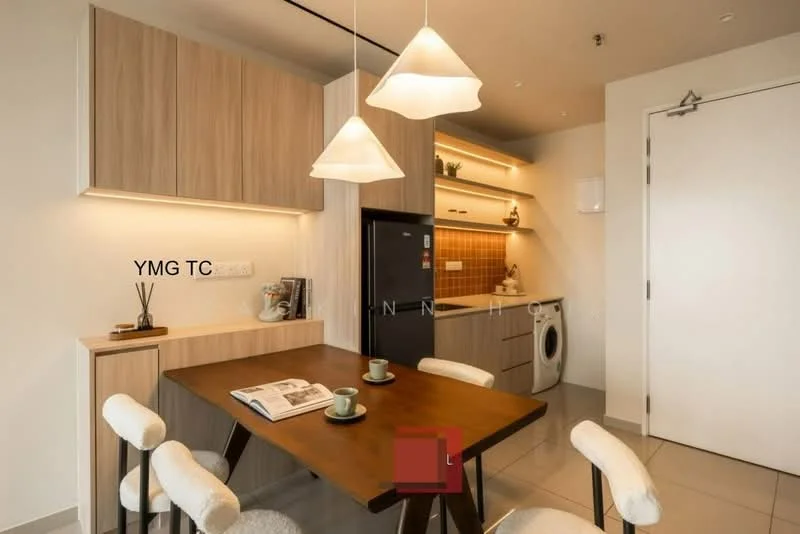 Dining features: wooden dining table, 4 upholstered dining chairs, pendant lighting, wall-mounted cabinetry, stainless-steel fridge, built-in washing machine, ceramic tile flooring, orange mosaic tile backsplash, white walls, recessed lighting; style: modern.