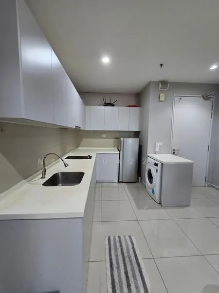 Kitchen features: white cabinetry, laminate countertop, single-bowl stainless-steel sink, chrome pull-down faucet, built-in refrigerator, front-load washing machine, ceramic tile flooring, recessed downlights, grey striped area rug; style: modern.