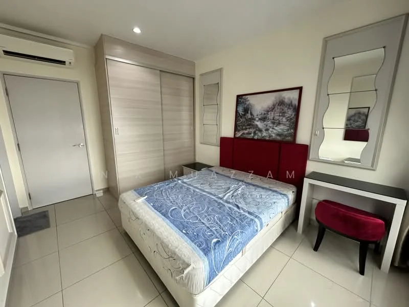 Bedroom features: queen-size bed with blue bedding, upholstered red headboard, built-in wardrobe with sliding doors, white bedside table, mirror with decorative frame, red upholstered chair, tile flooring, wall-mounted air conditioning unit, neutral painted walls, recessed ceiling lights; style: modern.