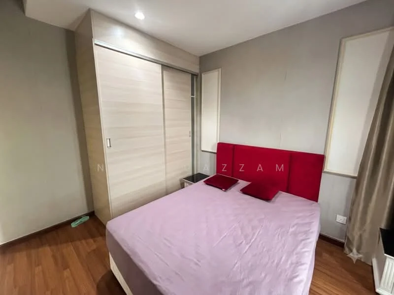 Bedroom features: queen-size bed with pink bedding, upholstered red headboard, built-in wardrobe with sliding doors, wooden flooring, two red decorative pillows, grey painted walls, curtains, recessed lighting; style: modern.