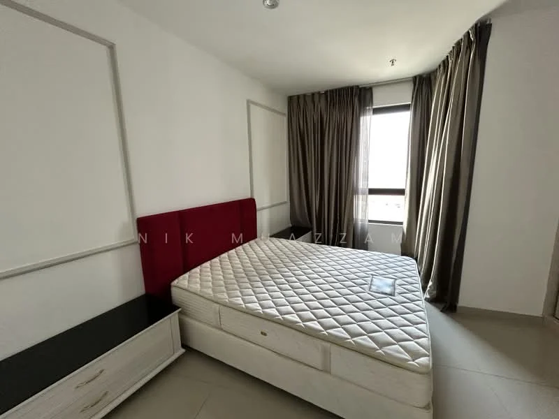 Bedroom features: queen-size bed, upholstered headboard in red, white bedside table, floor-to-ceiling window, grey curtains, neutral wall colour, tile flooring, built-in wardrobe; style: modern.