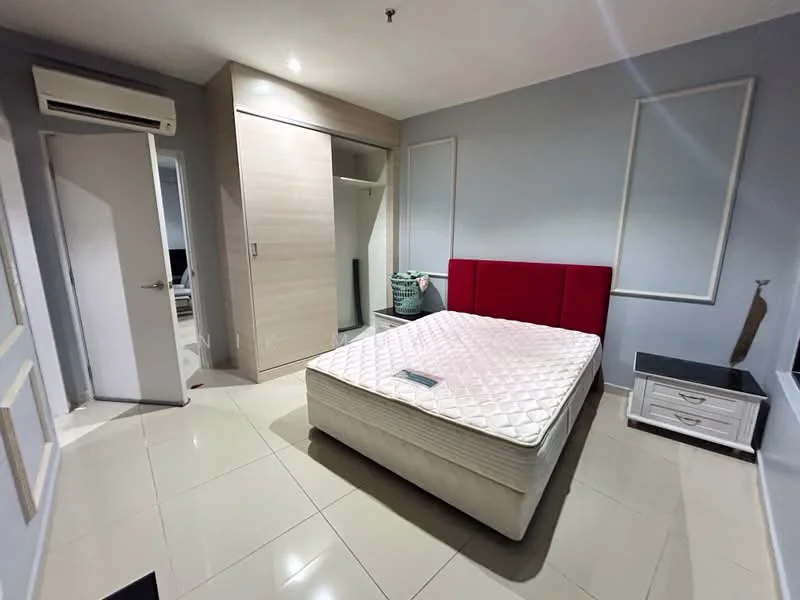 Bedroom features: queen-size bed, upholstered red headboard, white mattress, built-in wardrobe with sliding doors, white bedside table, black bedside lamp, wall-mounted air conditioning unit, cream tiled flooring, light grey painted walls, decorative wall panels; style: modern.