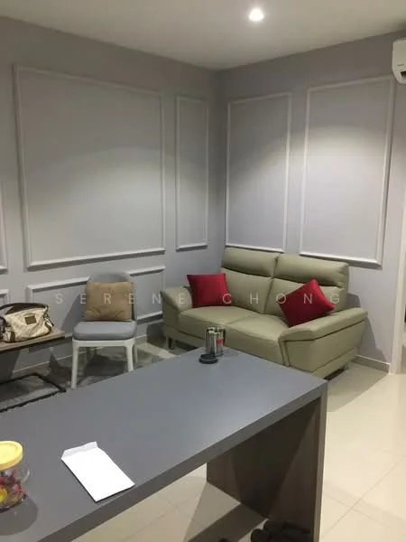 Living features: grey painted walls with panel moulding, cream tiled flooring, 3-seater fabric sofa in light grey, red accent cushions, coffee table, wall-mounted air conditioning unit, recessed downlights, decorative wall paneling, side chair, decorative items on table; style: modern.