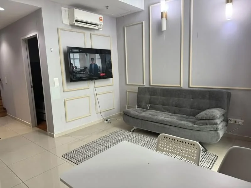 Living features: grey fabric sofa, wall-mounted TV, white dining table, white dining chairs, cream painted walls, recessed lighting, 1 wall-mounted split AC, tile flooring, decorative wall paneling, area rug, TV console; style: modern.