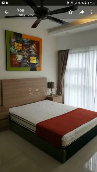 Bedroom features: queen-size bed, upholstered headboard, bedside tables, framed artwork on wall, floor-to-ceiling window, sheer curtains, light-colored walls, tile flooring, ceiling fan with light; style: modern.