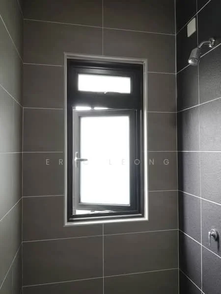 Bathroom features: grey ceramic tile walls, black ceramic tile accent wall, window with black frame, shower head, chrome faucet, recessed lighting; style: modern.