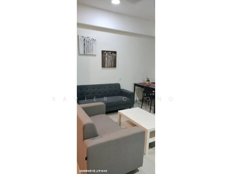 Living features: grey fabric 3-seater sofa, grey fabric 2-seater sofa, white coffee table, wall-mounted artwork with floral design, recessed downlights, cream painted walls, tile flooring, decorative plant on table; style: modern.