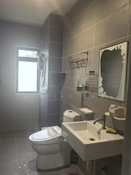 Bathroom features: grey tiled walls, grey tiled flooring, single-sink vanity with white cabinet, chrome basin mixer faucet, framed mirror, one-piece toilet, shower with wall-mounted showerhead, towel rack, window for natural light; style: modern.