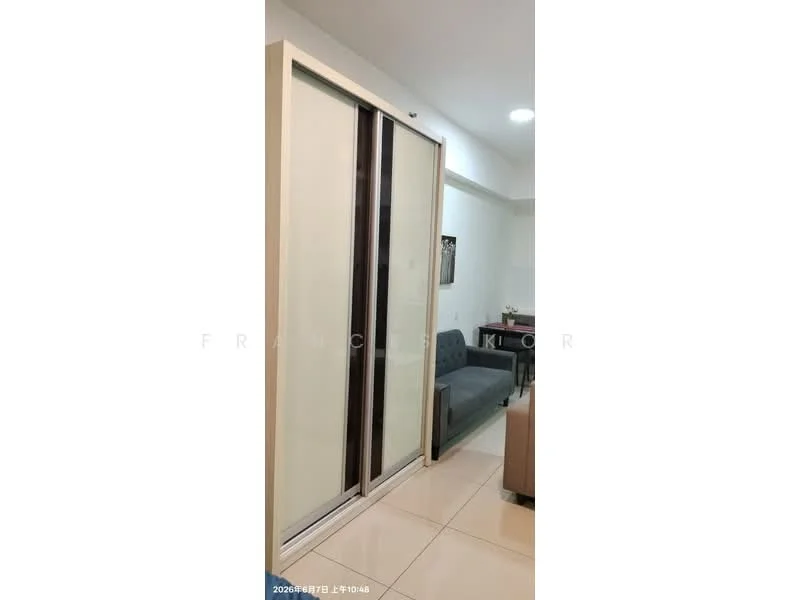 Room features: sliding glass door, cream painted walls, white tiled flooring, sofa, wall-mounted light fixture, neutral color scheme, minimalist decor; style: modern.
