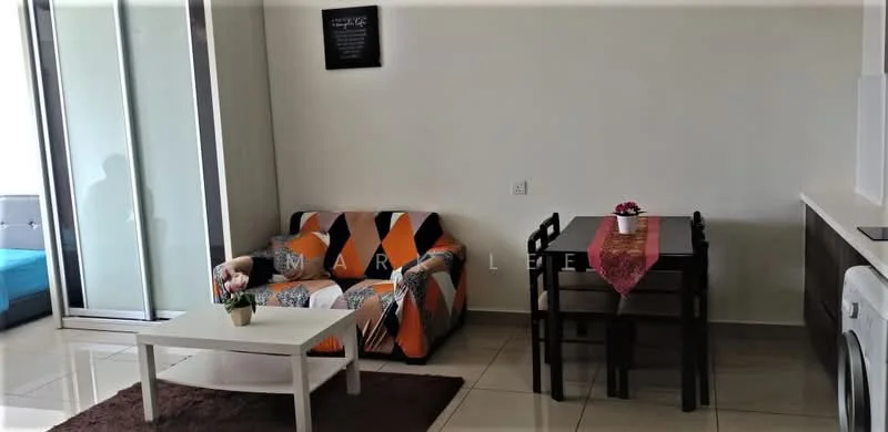 Living features: 3-seater fabric sofa with geometric pattern, coffee table, dining table for 4 with black chairs, white walls, tile flooring, sliding glass door, decorative table runner, houseplant in ceramic pot; style: modern.
