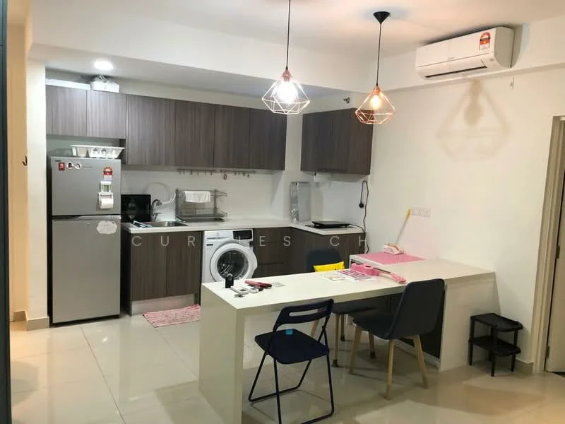 Kitchen features: grey cabinetry, white countertop, stainless-steel fridge, built-in washing machine, 4-burner gas hob, stainless-steel range hood, single-bowl stainless-steel sink, chrome pull-down faucet, pendant lighting, recessed downlights, tile flooring, open layout with dining area, two dining chairs, small side table; style: modern.