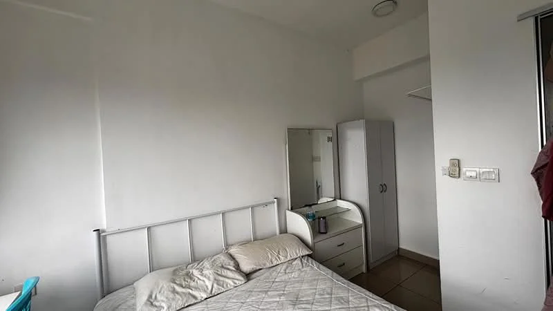 Bedroom features: white painted walls, tile flooring, queen-size bed, mirror on dresser, white wardrobe, built-in shelving, window with no visible treatment, light fixture on ceiling.