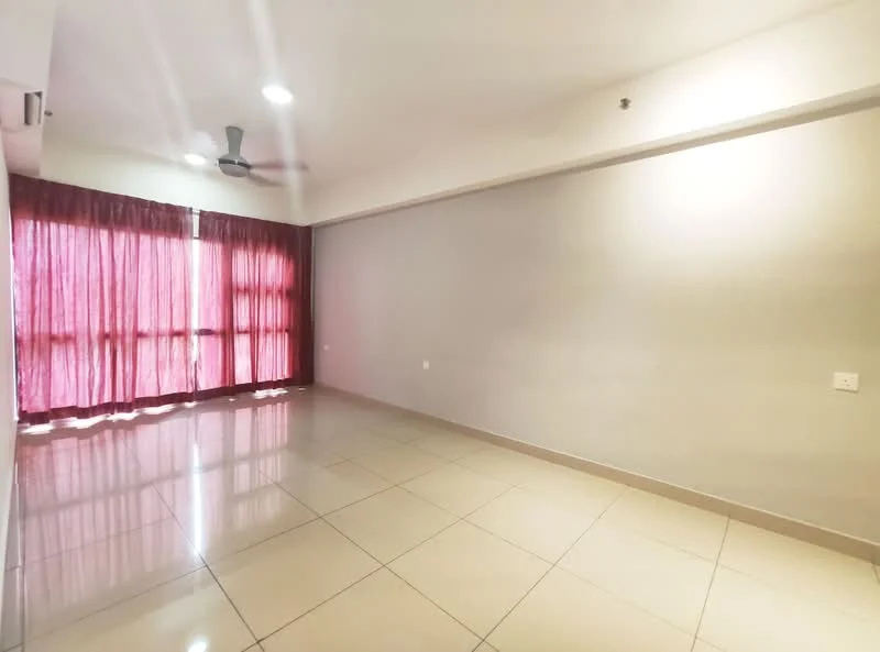 Living features: large floor-to-ceiling windows, red sheer curtains, grey painted walls, white ceiling, 5-blade ceiling fan, glossy ceramic tile flooring, natural light from windows, open layout; style: modern.