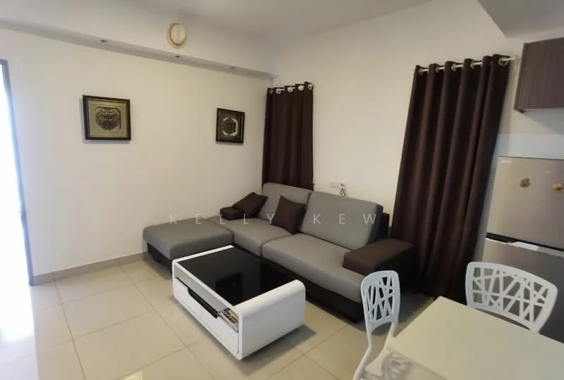 Living features: 3-seater fabric sofa in grey, black coffee table, white dining table, 4 white dining chairs, cream tiled flooring, dark brown curtains, framed artwork on walls, refrigerator, wall-mounted air conditioning unit; style: modern.