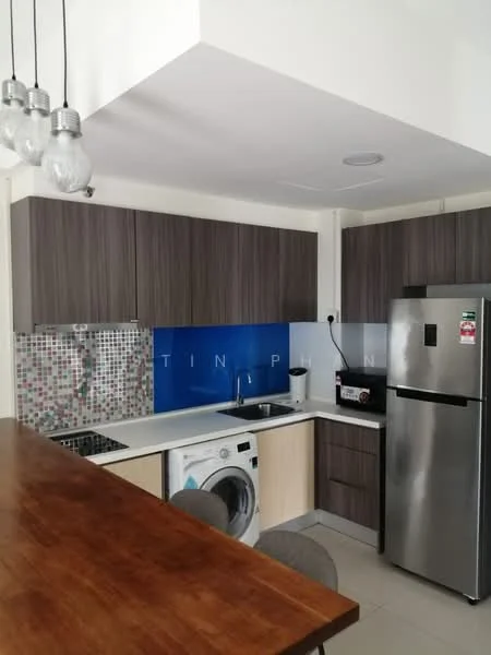 Kitchen features: brown wooden cabinetry, white laminate countertop, stainless-steel refrigerator, built-in microwave, ceramic tile backsplash with mosaic pattern, single-bowl stainless-steel sink, chrome pull-down faucet, 4-burner gas hob, washing machine, pendant lighting, grey bar stools, light-colored tile flooring; style: modern.