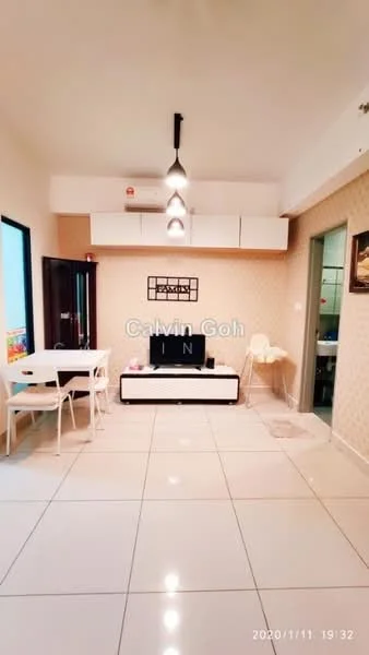 Living features: white painted walls, cream wallpaper with pattern, glossy tile flooring, ceiling light fixture, wall-mounted TV, black TV console, white dining table with chairs, high chair, air conditioning unit, decorative wall art; style: modern.