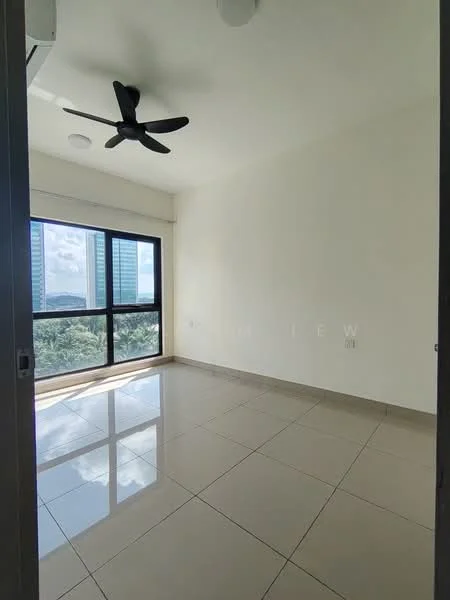 Room features: white painted walls, glossy tile flooring, 5-blade ceiling fan, floor-to-ceiling windows, city view, natural light from window, window treatments not visible, no visible furniture; style: modern; view: city.