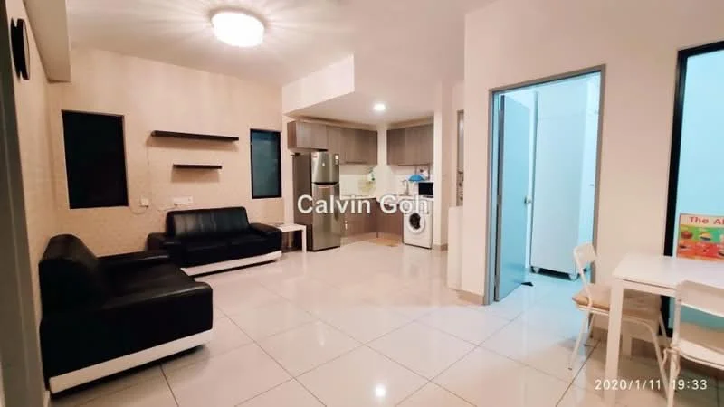 Living features: black leather 3-seater sofa, black leather 2-seater sofa, white walls, tile flooring, recessed ceiling lights, wall-mounted TV, open layout, dining table with white chairs, kitchen area visible, fridge, washing machine; style: modern. Kitchen features: stainless-steel fridge, built-in cabinets, countertop, washing machine, open layout; style: modern.