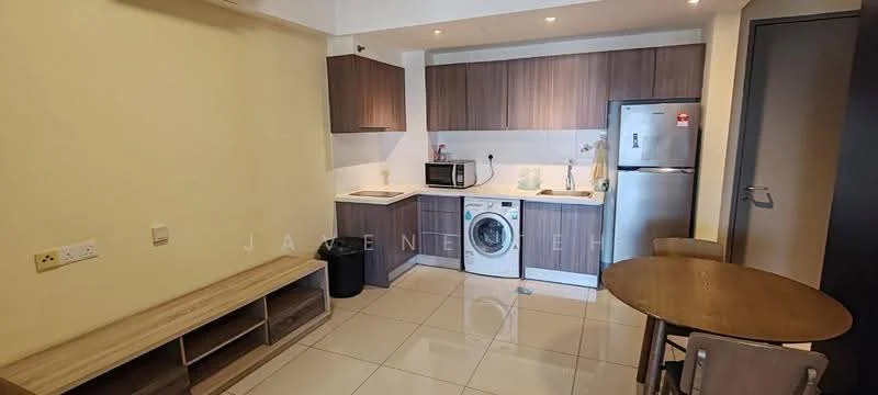 Kitchen features: white painted walls, ceramic tile flooring, wood cabinetry in brown, white countertop, built-in microwave, stainless-steel fridge, freestanding washing machine, single-bowl stainless-steel sink, chrome pull-down faucet, 2-burner electric hob, exhaust hood, kitchen island with seating, recessed downlights; style: modern. Dining features: round dining table, 4 dining chairs, wooden dining table, open shelving unit, wall-mounted TV console; style: modern.