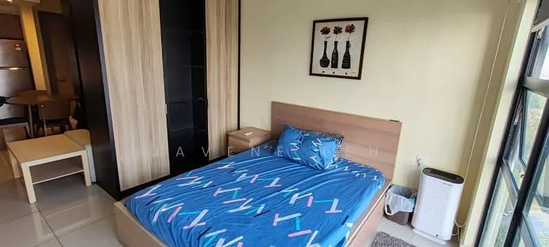 Bedroom features: queen-size bed with blue patterned bedding, wooden bed frame, built-in wardrobe with sliding doors, white walls, tile flooring, window with city view, air conditioning unit, small waste bin; style: modern; view: city.