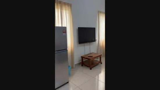 Room features: stainless-steel fridge, wall-mounted TV, wooden coffee table, light-colored curtains, glossy tile flooring.