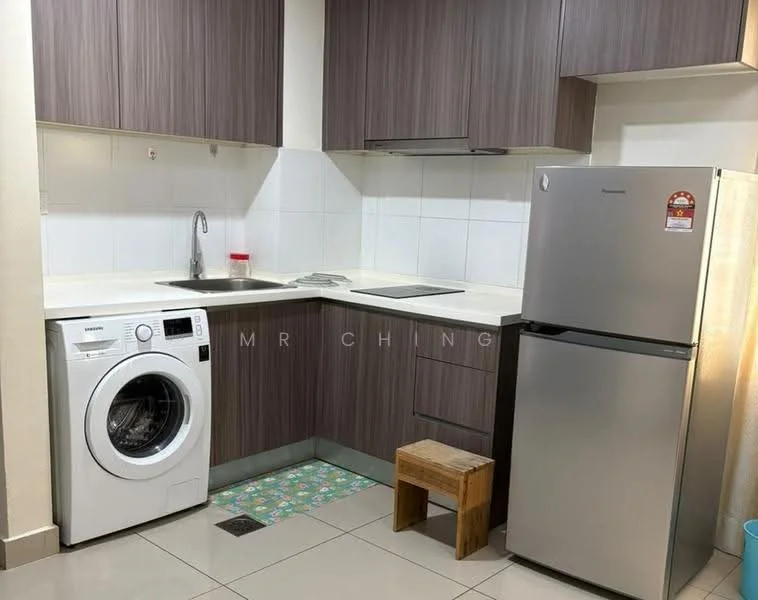 Laundry features: white front-load washing machine, stainless-steel fridge, grey laminate cabinetry, white countertop, single-bowl stainless-steel sink, chrome pull-down faucet, tile backsplash, light grey floor tiles, wooden stool; style: modern.