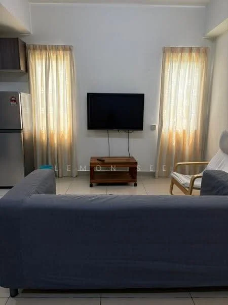 Living features: grey fabric sofa, wood coffee table, wall-mounted TV, refrigerator, two sheer curtains, white armchair, tiled flooring, light-colored walls; style: modern.