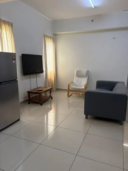 Living features: grey fabric sofa, wooden coffee table, rocking chair, flat-screen TV on wall, white painted walls, tile flooring, curtains on windows, floor-to-ceiling windows; style: modern.