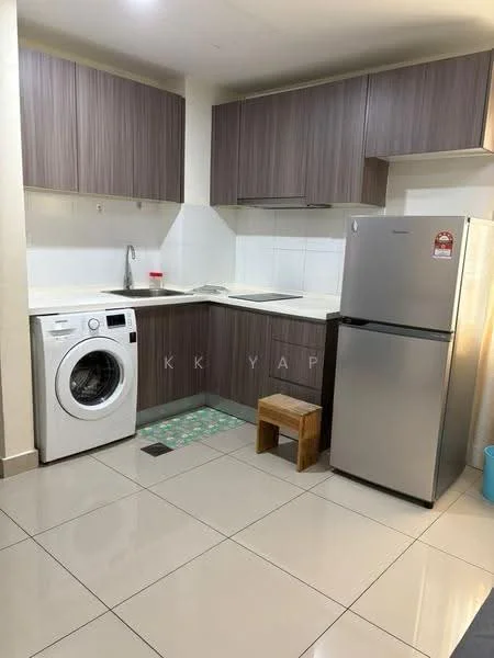 Kitchen features: white quartz countertop, dark wood cabinetry, single-bowl stainless-steel sink, chrome pull-down faucet, built-in stove with hood, stainless-steel fridge, front-load washing machine, ceramic tile flooring, white tiled backsplash, under-cabinet lighting, wooden stool; style: modern.
