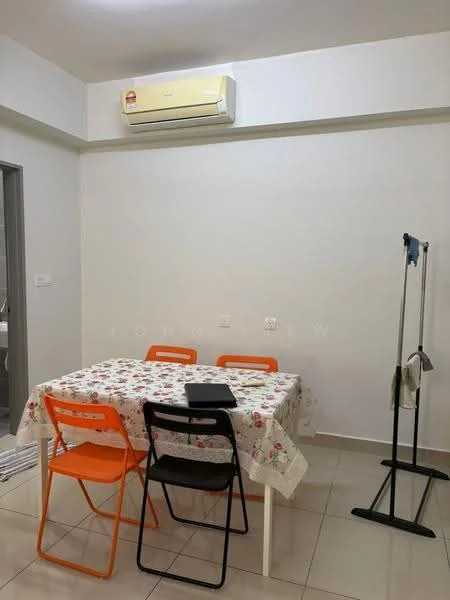 Dining features: white painted walls, tile flooring, dining table with floral tablecloth, 4 dining chairs in orange and black, wall-mounted air conditioning unit, clothes rack, open doorway to bathroom, light fixture on ceiling.