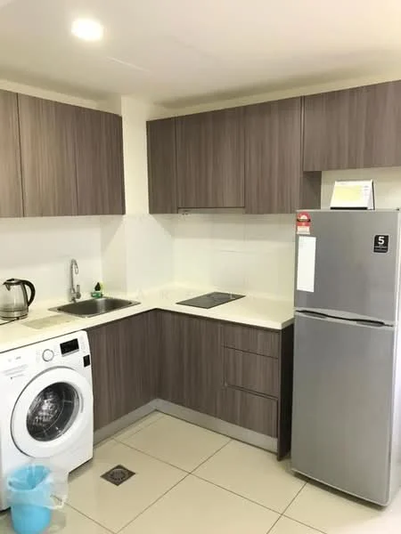 Kitchen features: brown wooden cabinetry, white countertop, single-bowl stainless-steel sink, chrome pull-down faucet, built-in electric cooktop, stainless-steel fridge, front-load washing machine, kettle, tile flooring, white tiled backsplash; style: modern.