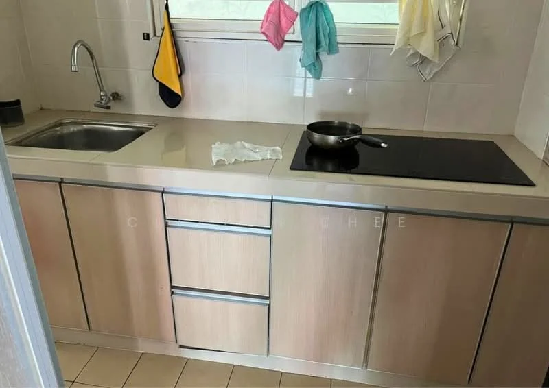 Kitchen features: single-bowl stainless-steel sink, chrome pull-down faucet, laminate countertop, built-in induction hob, wood cabinetry with metallic handles, tile backsplash, cream tiled flooring, kitchen towel hanging, pan with handle on stove; style: modern.