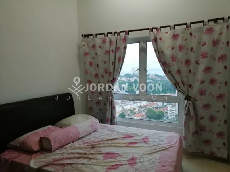 Bedroom features: queen-size bed with pink bedding, upholstered headboard, floor-to-ceiling windows, sheer curtains with floral pattern, city view, light-colored walls, wooden flooring, decorative wall art; style: modern; view: city.