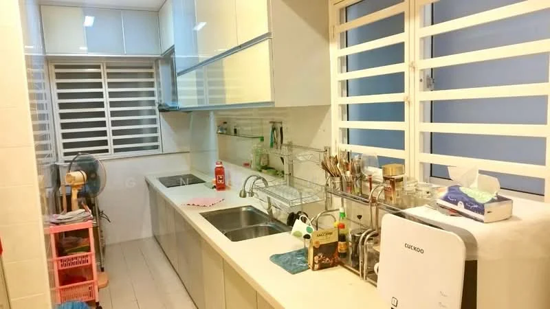 Kitchen features: white high-gloss cabinetry, double-bowl stainless-steel sink, chrome pull-down faucet, white countertop, ceramic tile flooring, wall-mounted fan, window with horizontal slats, dish rack, various kitchen utensils, small white fridge, open shelving, decorative items on countertop; style: modern.