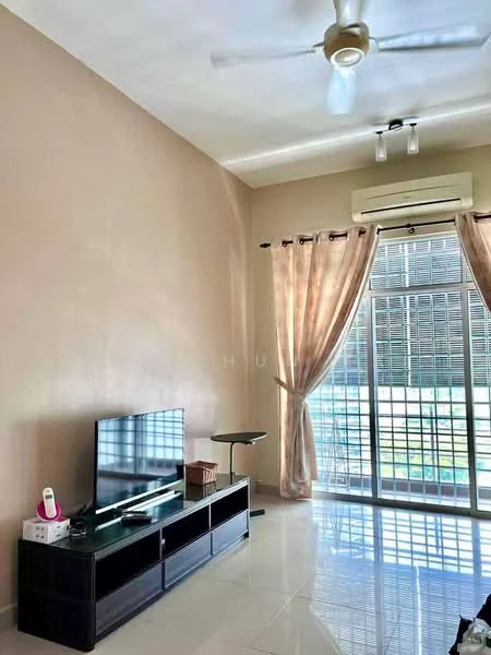 Living features: cream painted walls, glossy tile flooring, 5-blade ceiling fan with light, floor-to-ceiling windows, sheer curtains, TV console, wall-mounted TV, coffee table, sliding glass door, outdoor view; style: modern; view: garden.