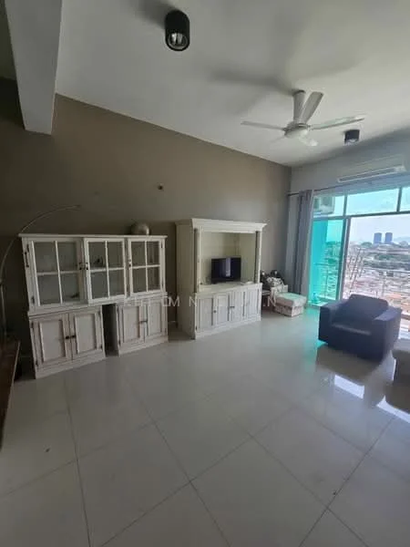 Living features: white tiled flooring, light grey painted walls, ceiling fan, wall-mounted TV, white entertainment unit, glass sliding door, floor-to-ceiling windows, city view, curtains, decorative shelving unit, light fixture; style: modern; view: city.