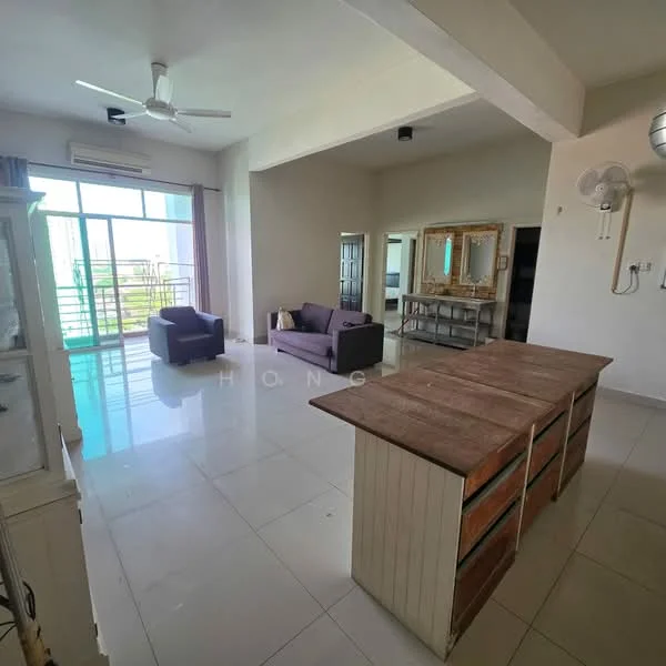 Living features: 2-seater fabric sofa in grey, 3-seater fabric sofa in dark purple, coffee table, floor-to-ceiling windows, sliding glass door, white painted walls, ceiling fan, tile flooring, air conditioning unit, decorative mirror, natural light from windows, view of balcony; style: modern; view: city. Kitchen features: kitchen island with storage, wooden countertop, open layout, white cabinetry, tile flooring; style: modern.