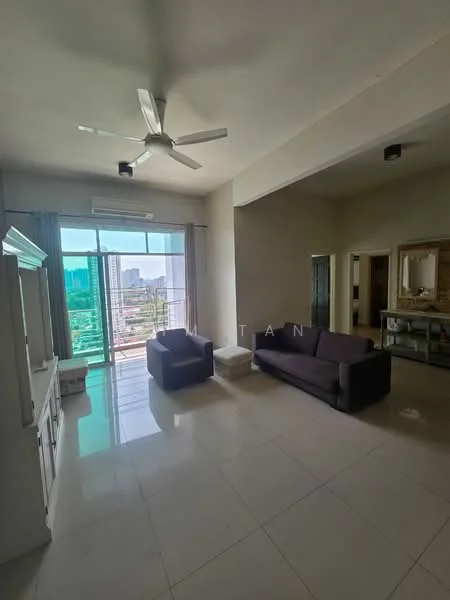 Living features: 3-seater fabric sofa in dark brown, 2-seater fabric sofa in grey, ceiling fan with light, large floor-to-ceiling windows, white walls, glossy tile flooring, curtains, TV console, decorative mirror, coffee table, view of city skyline; style: modern; view: city.