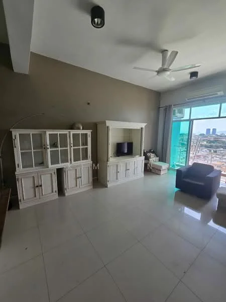 Living features: white tiled flooring, light grey painted walls, ceiling fan with light, wall-mounted TV, white entertainment unit, glass sliding door, floor-to-ceiling windows, city view, brown armchair, white display cabinets; style: modern; view: city.