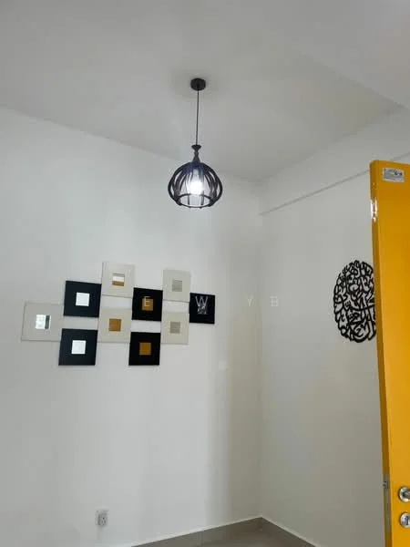 Room features: white painted walls, grey tile flooring, pendant light fixture, decorative wall art, yellow door, framed artwork, mirror accents; style: modern.