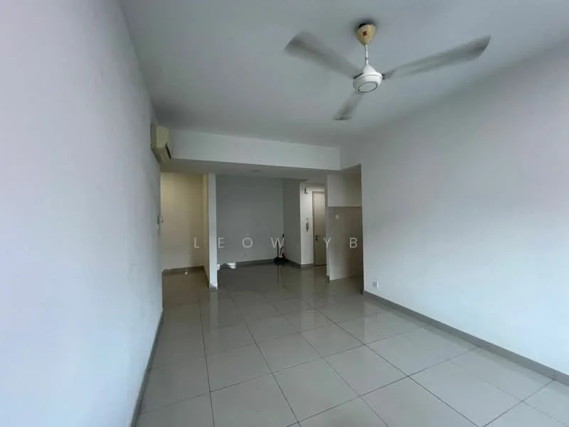 Living features: white painted walls, grey tiled flooring, ceiling fan, air conditioning unit, door leading to hallway, door leading to bathroom, neutral decor; style: minimalist.
