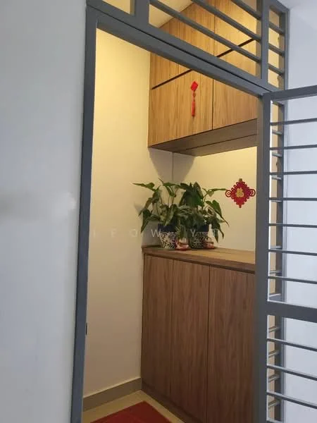 Room features: wood cabinetry, built-in storage, green potted plants, decorative wall ornament, neutral wall colour, laminate flooring, door with metal grille; style: modern.