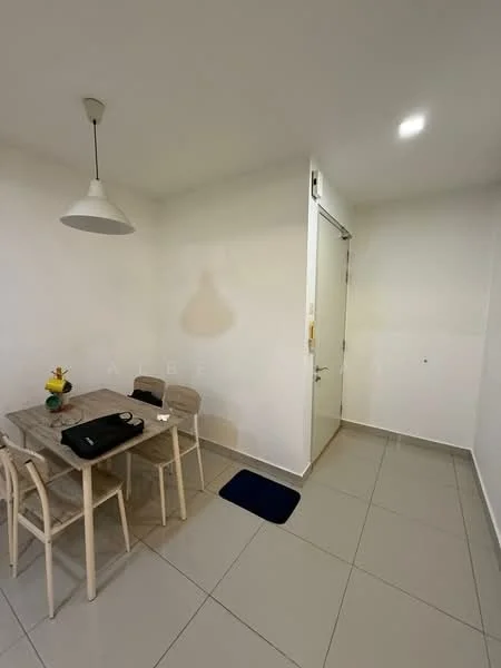 Dining features: 4-seater dining table, wooden dining chairs, pendant light, white painted walls, grey tile flooring, door leading to hallway, decorative plant on table, blue mat on floor; style: modern.