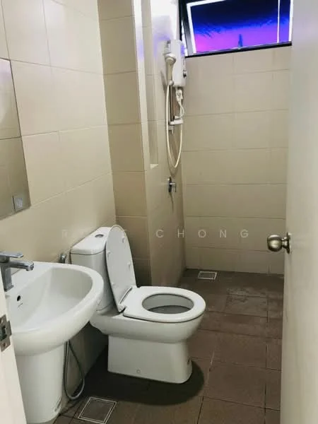 Bathroom features: white ceramic toilet, single-sink vanity with chrome faucet, shower with wall-mounted showerhead, tile flooring in brown, beige tiled walls, window for natural light, mirror above sink; style: modern.