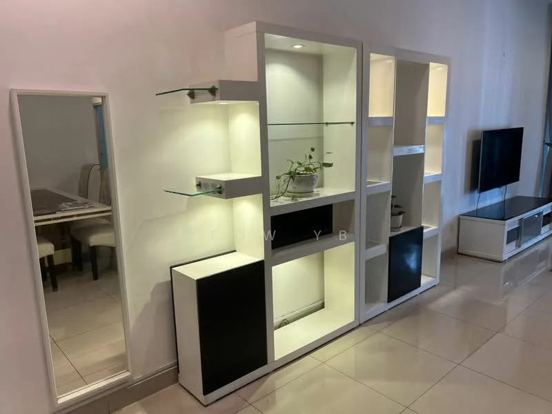 Living features: white painted walls, glossy tile flooring, built-in shelving unit with glass shelves, black accent cabinetry, LED lighting in shelving, wall-mounted TV console, mirror, decorative plants; style: modern.